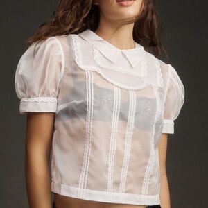 Maeve Anthropologie white sheer peter pan collar puff sleeve top